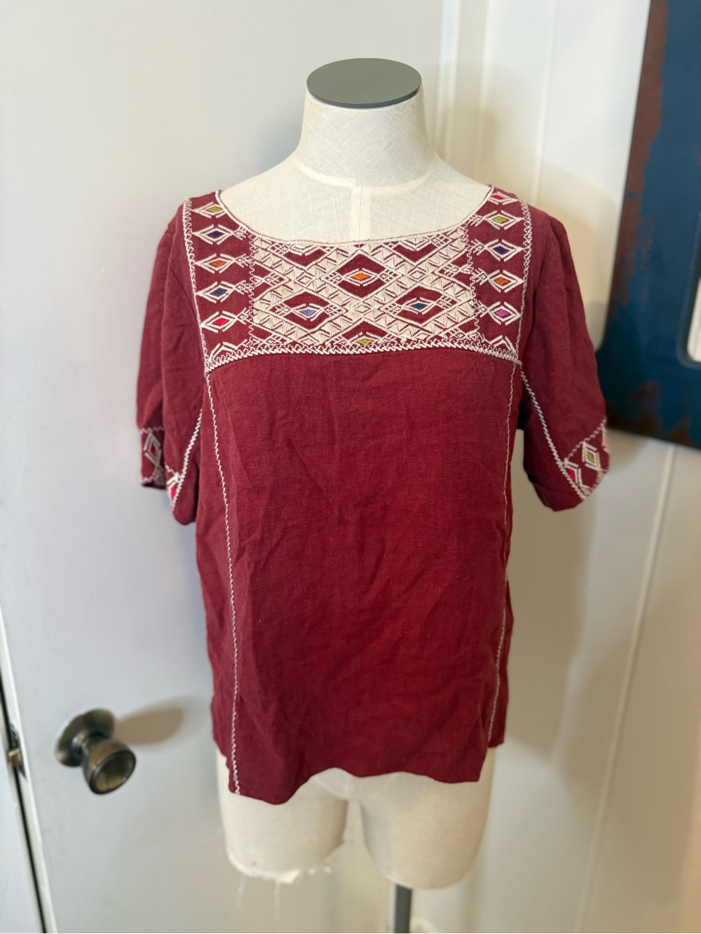 Embroidered Square-Neck Burgundy Women's Top Sz S